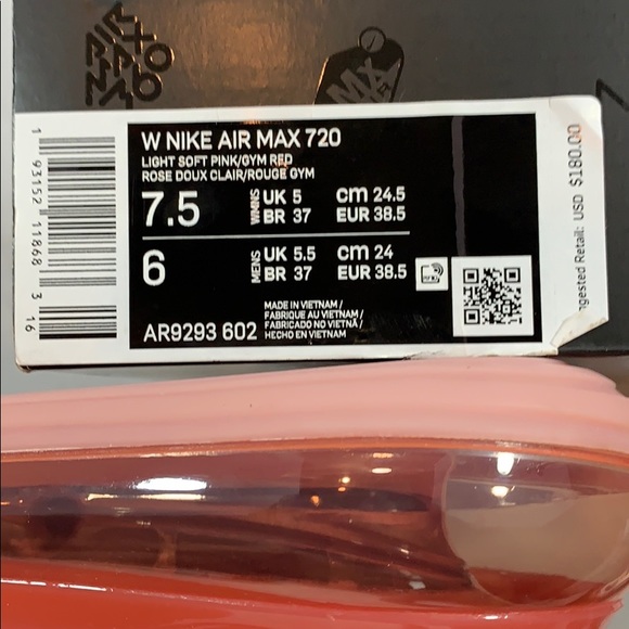 W THE AIR MAX 720 Light Soft Pink/Gym Red - Picture 16 of 16